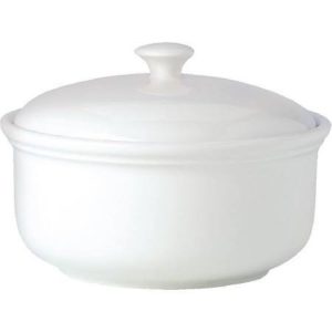 White china casserole dish with lid