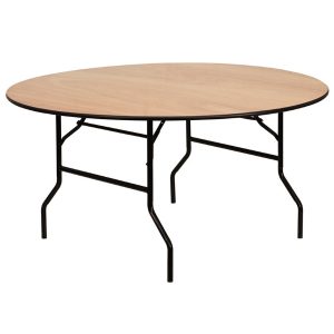 Round wooden dining table with folding metal legs