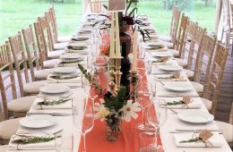 Summer wedding with Classic crockery, Reserva glassware, Verdi cutlery and white and Autumn orange table linen