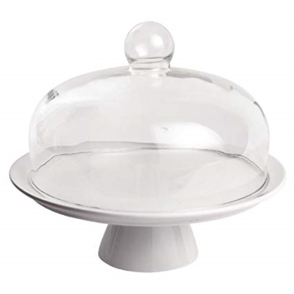 White china and glass dome pedestal cake stand
